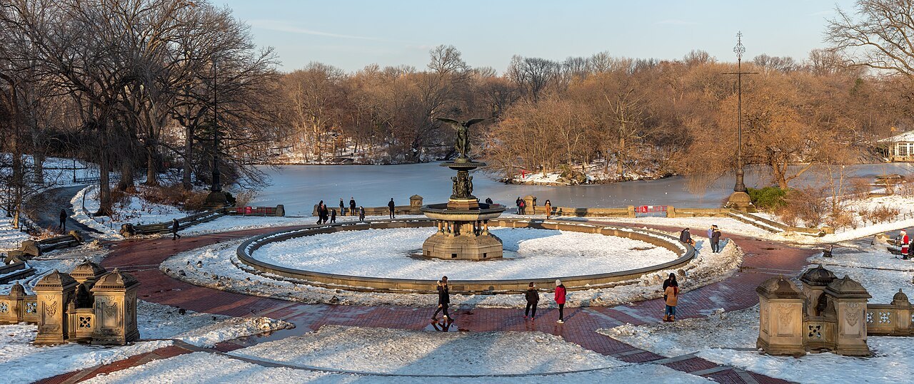 Bethesda Fountain and its terrace in the snow, the Lake beyond