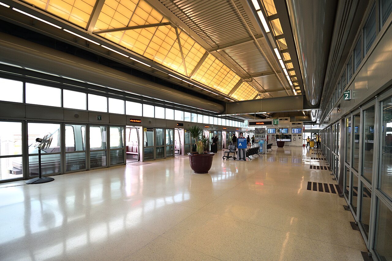 The glass-walled AirTrain platform at Newark's Terminal A