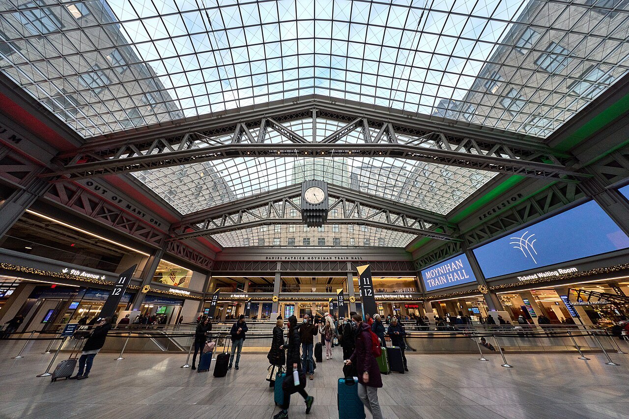 Moynihan Train Hall's steel and glass roof above the concourse