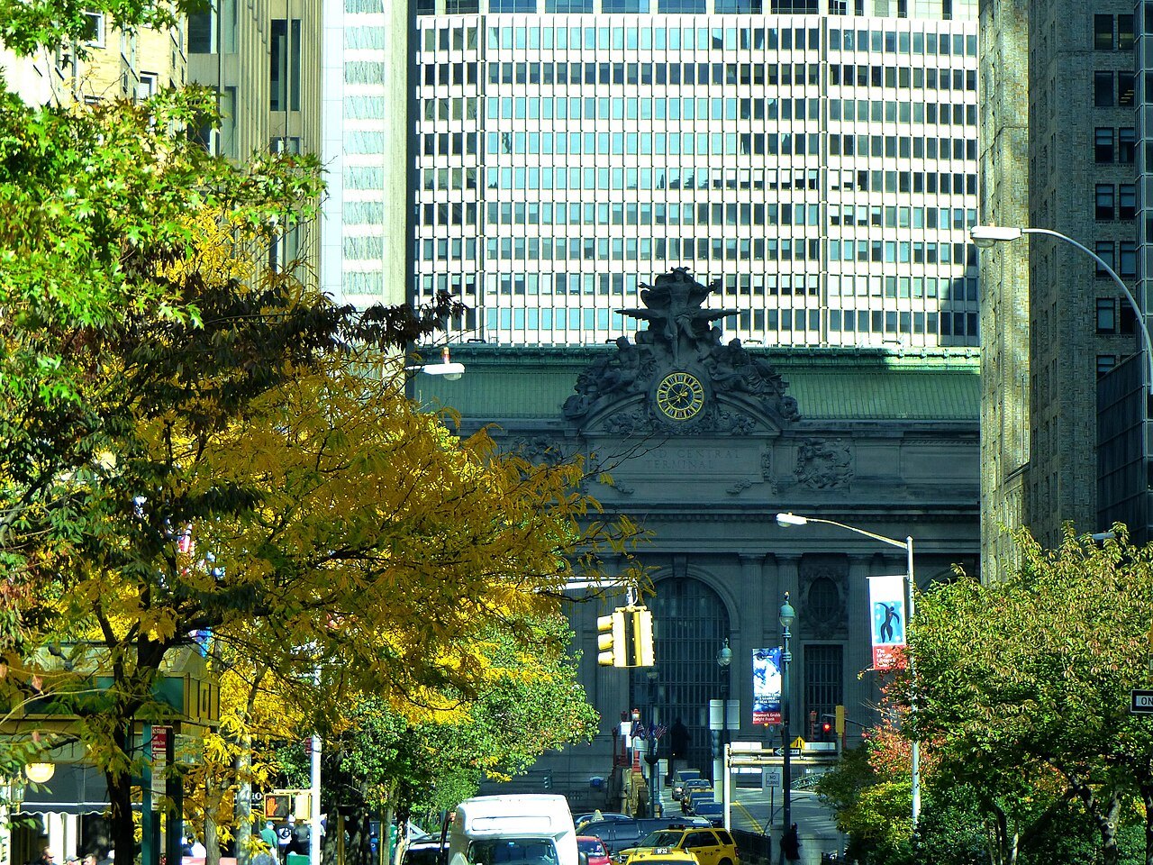 Grand Central's clock and statues seen from Park Avenue in Murray Hill