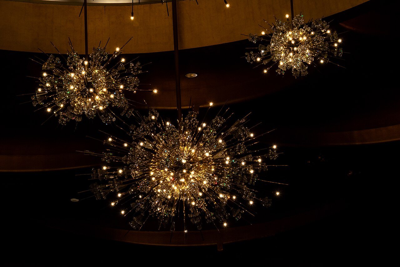 The chandeliers of the Metropolitan Opera House auditorium, lit before a performance