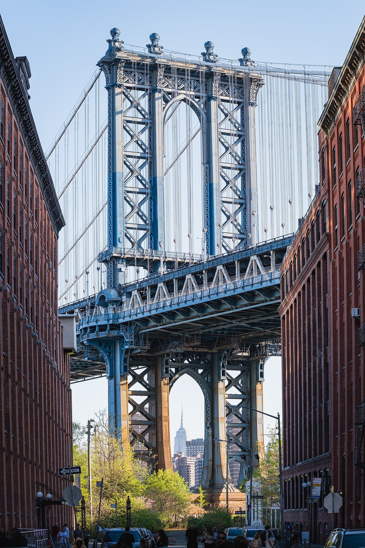 The Manhattan Bridge framed between warehouses on Washington Street in Dumbo