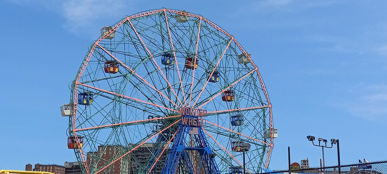 The Wonder Wheel against a blue summer sky at Coney Island