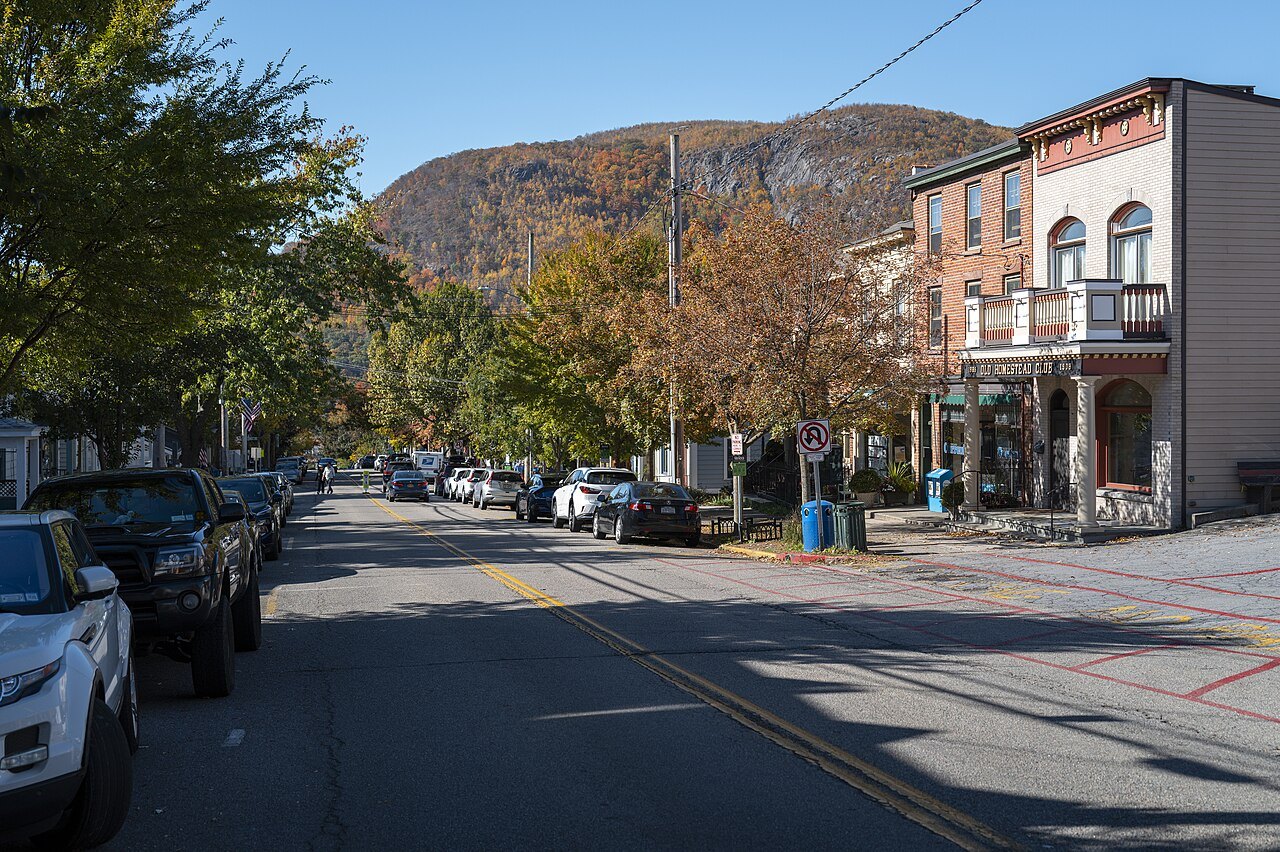 Main Street in Cold Spring, the Hudson Highlands rising behind