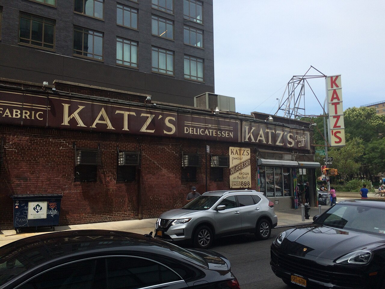 Katz's Delicatessen on the corner of Houston and Ludlow Streets, its sign on the roof