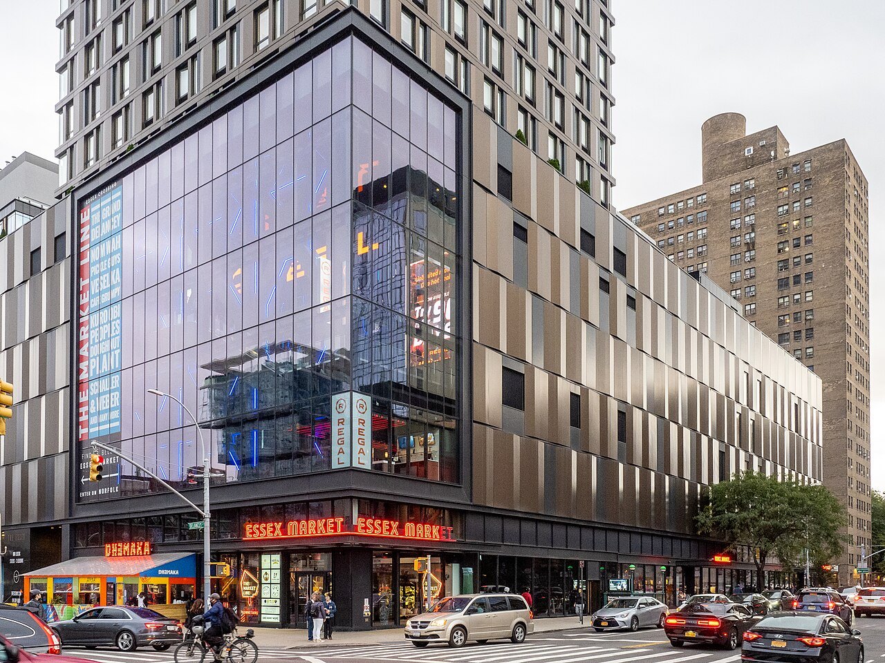 The glass corner of Essex Market on the Lower East Side