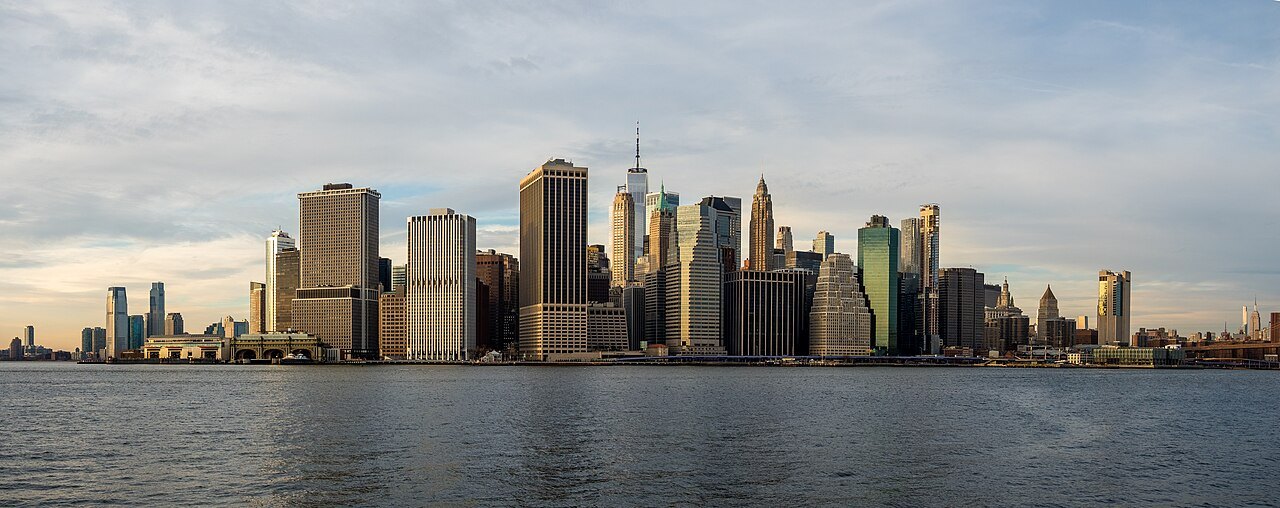 Lower Manhattan's skyline across the East River from Brooklyn Bridge Park