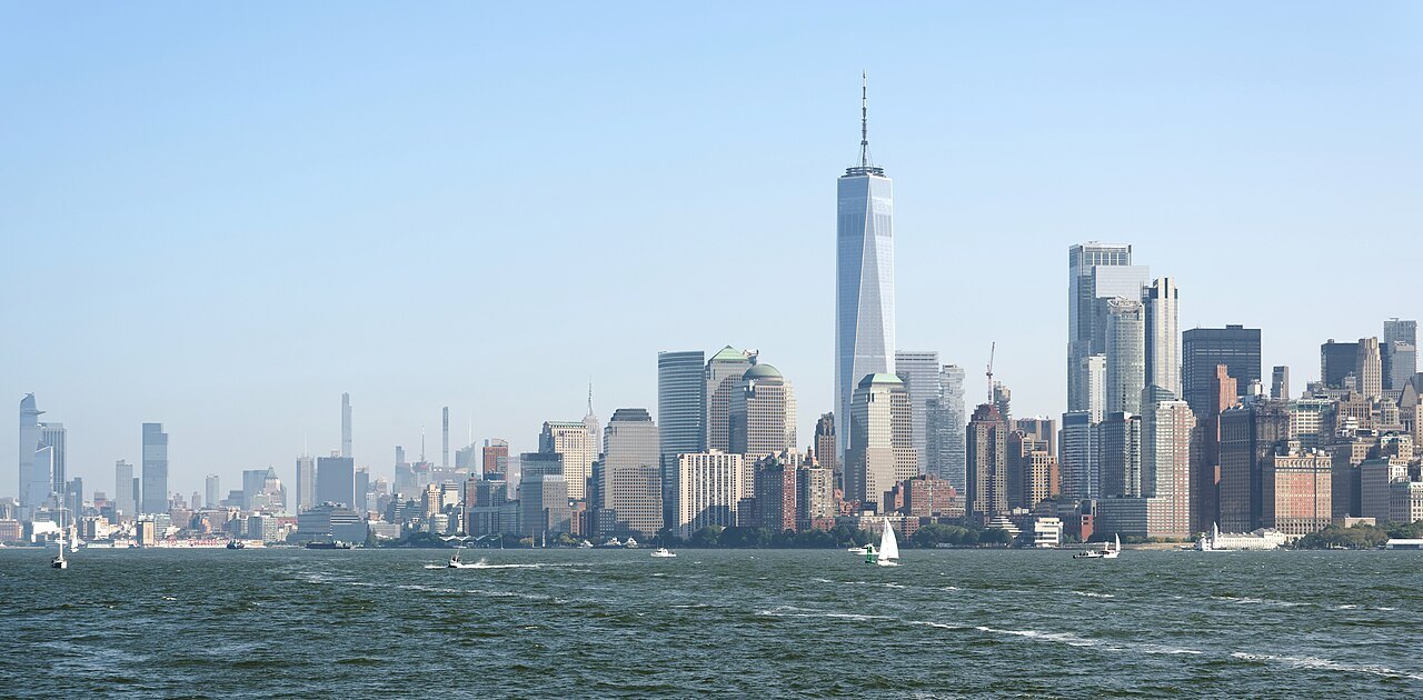 Lower Manhattan's skyline across Upper New York Bay, One World Trade Center at its center