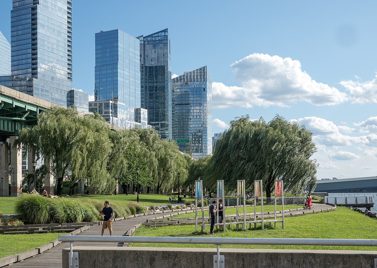 Willows and new towers along Riverside Park South, looking downtown