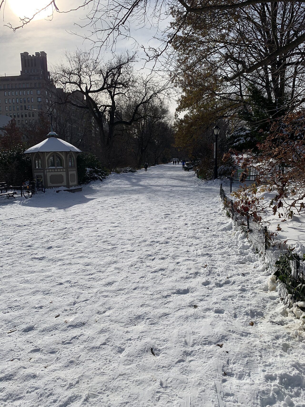 A snow-covered bridle path in Central Park near Engineers' Gate
