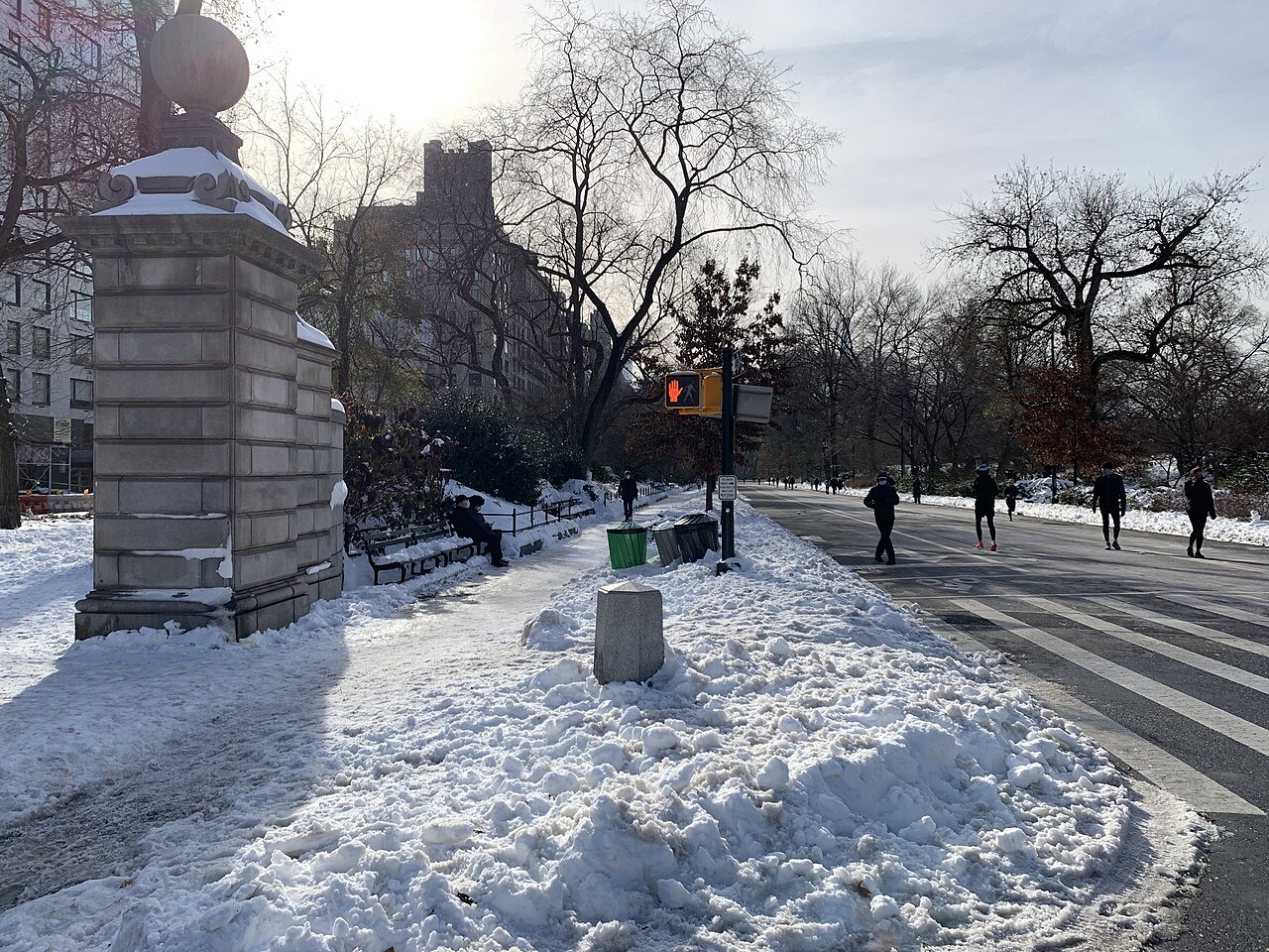 Snow piled at Engineers' Gate on the Fifth Avenue edge of Central Park