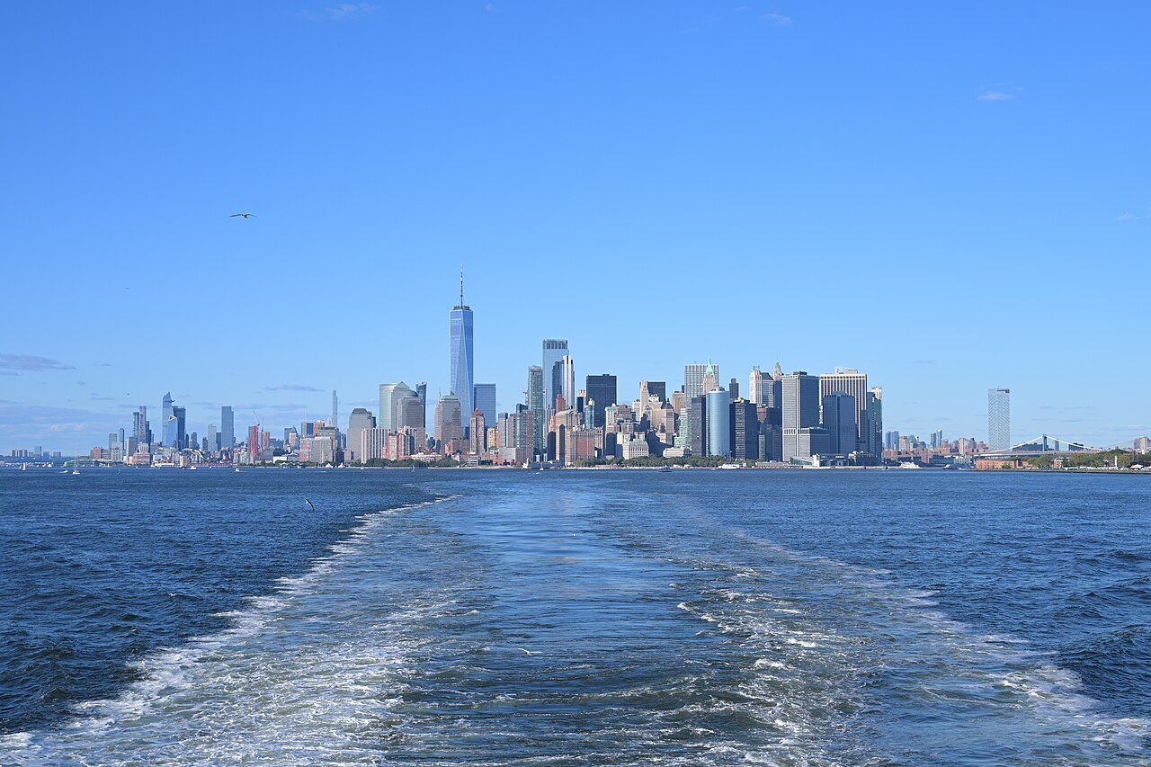 Lower Manhattan's skyline from the wake of the Staten Island Ferry