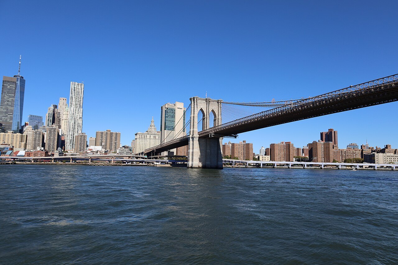 The Brooklyn Bridge and Lower Manhattan from the deck of a ferry