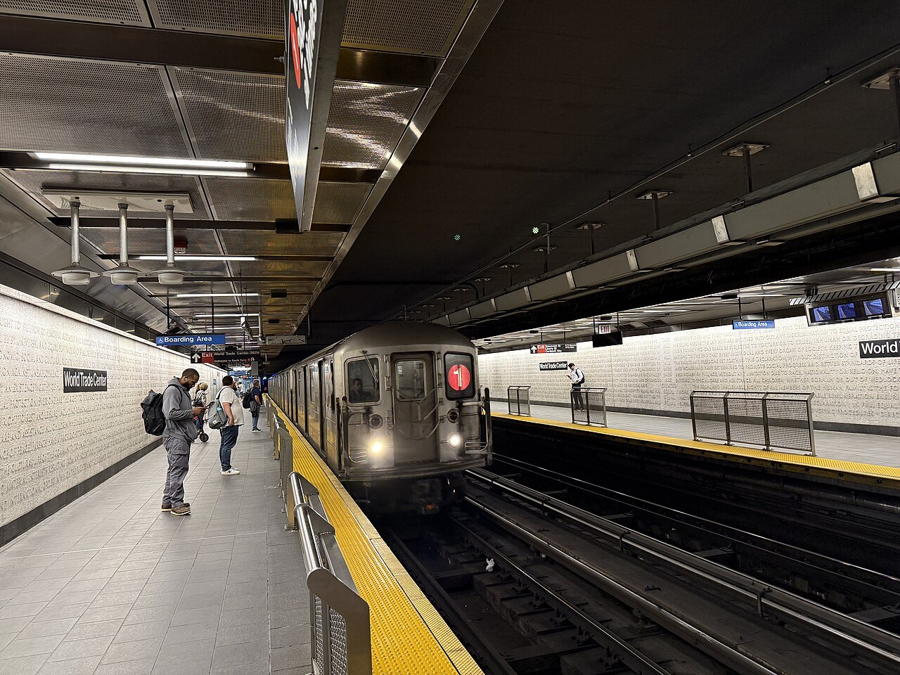 An uptown 1 train at the WTC Cortlandt station platform