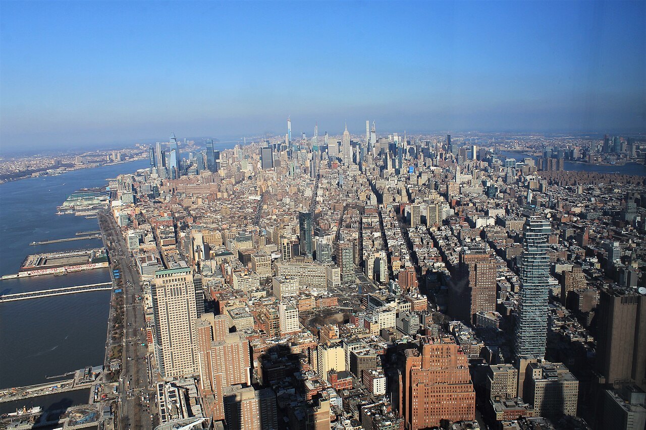 Manhattan from the top of One World Trade Center, looking north up the island