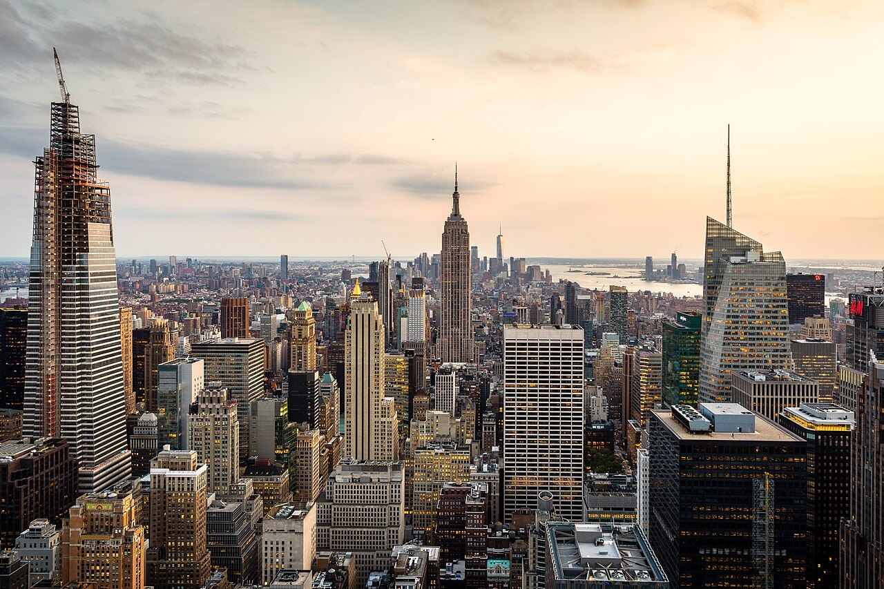 The Empire State Building rising from Midtown at sunset, from the Top of the Rock