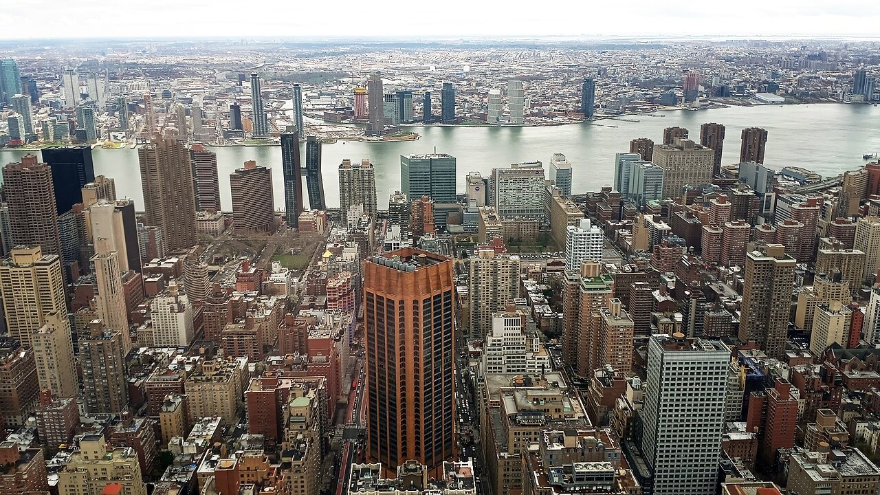 Midtown and the East River from above, looking east along 34th Street