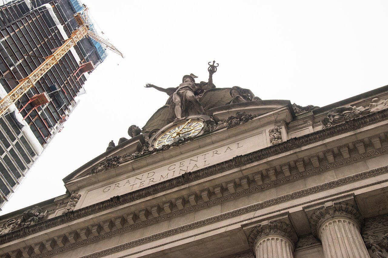 The sculpture group above Grand Central's entrance, seen from below