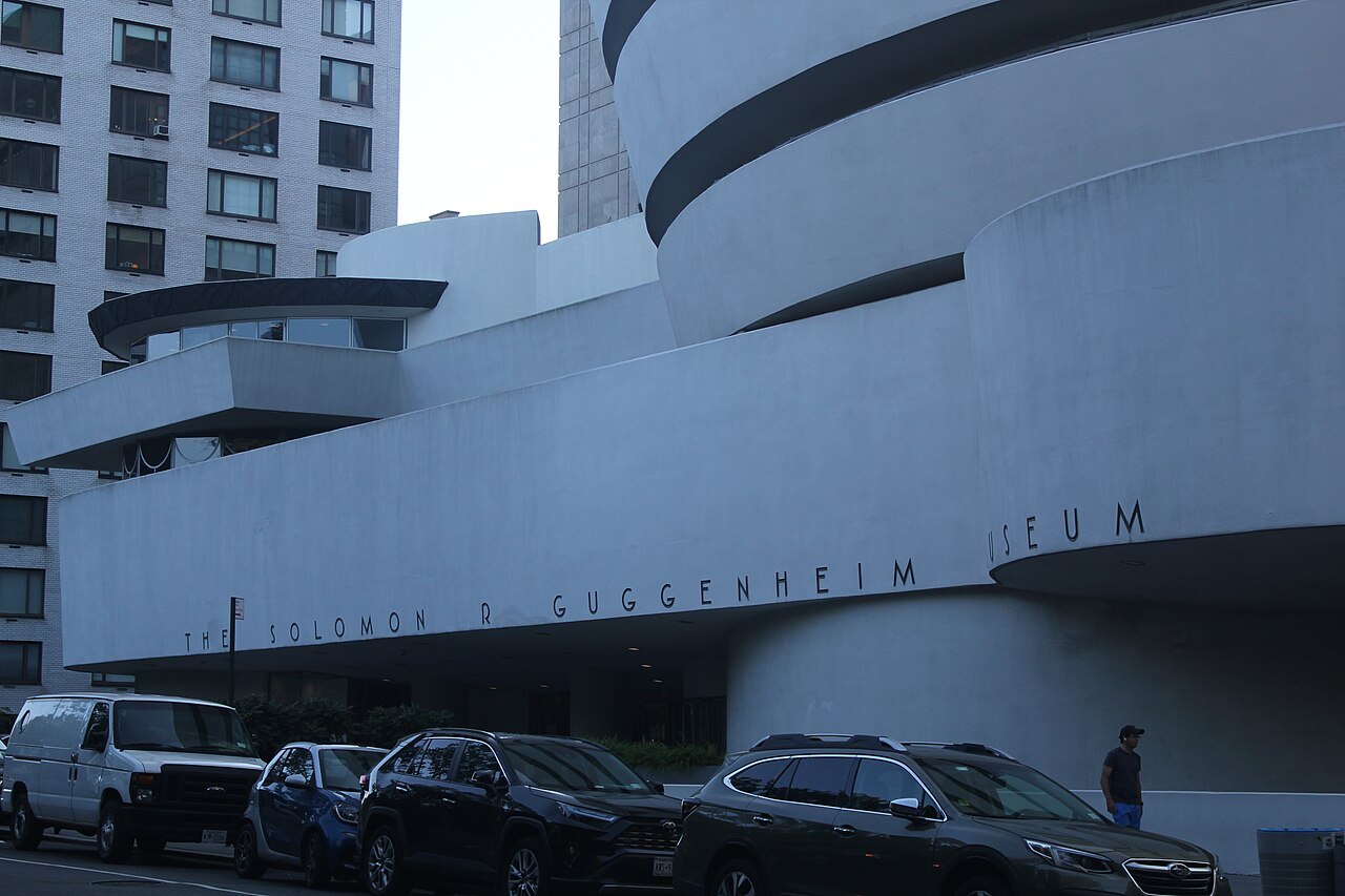 The Guggenheim's side wing and lettered facade on Fifth Avenue