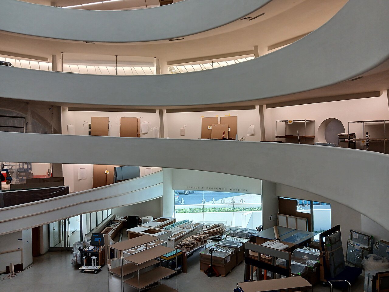 The Guggenheim's ramps seen across the rotunda, one gallery being installed
