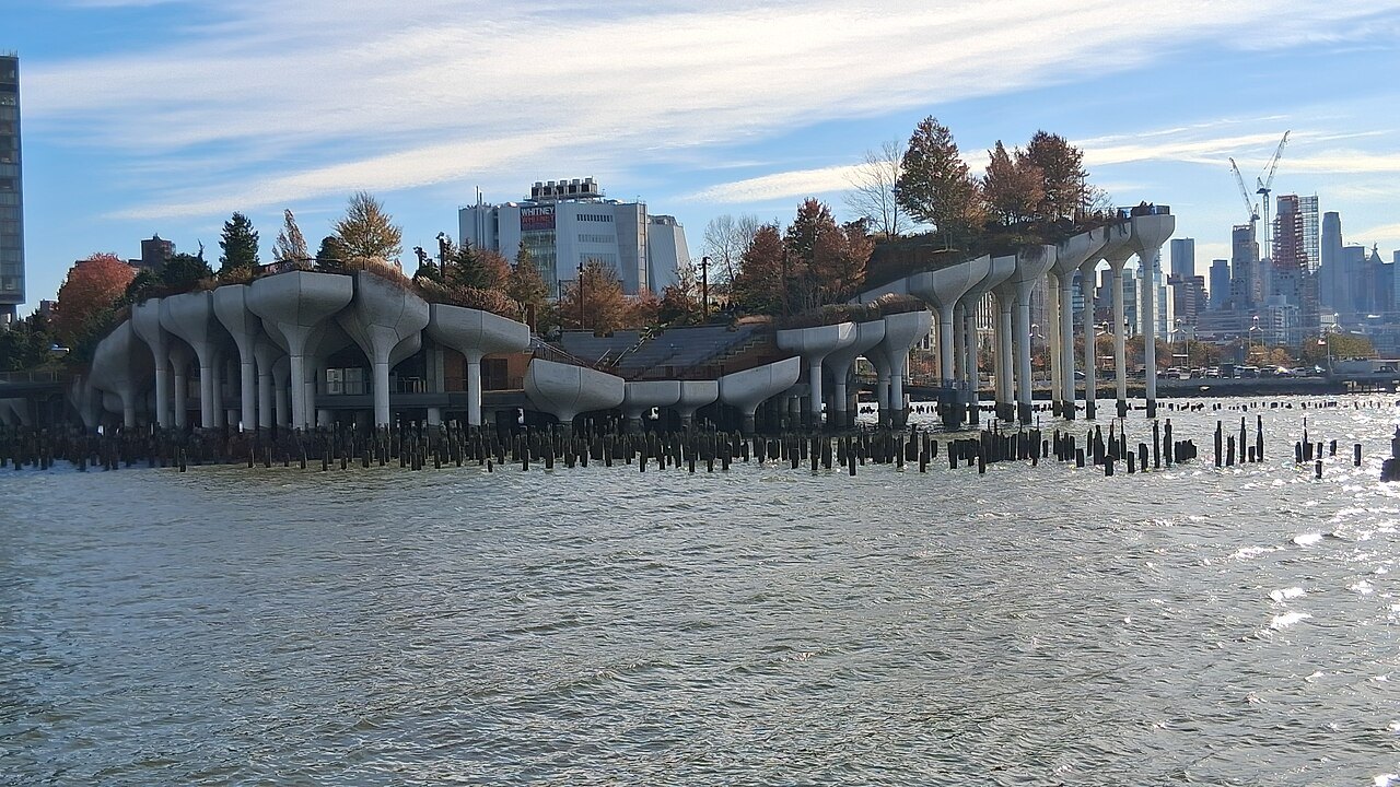 Little Island from the water, with Hudson River piles in the foreground