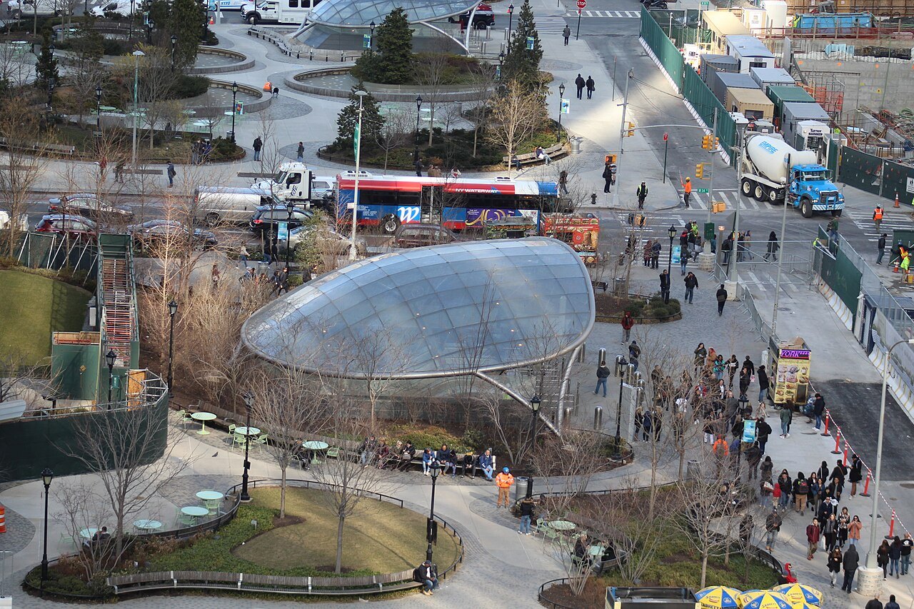 The Hudson Yards plaza and its glass subway entrance from above