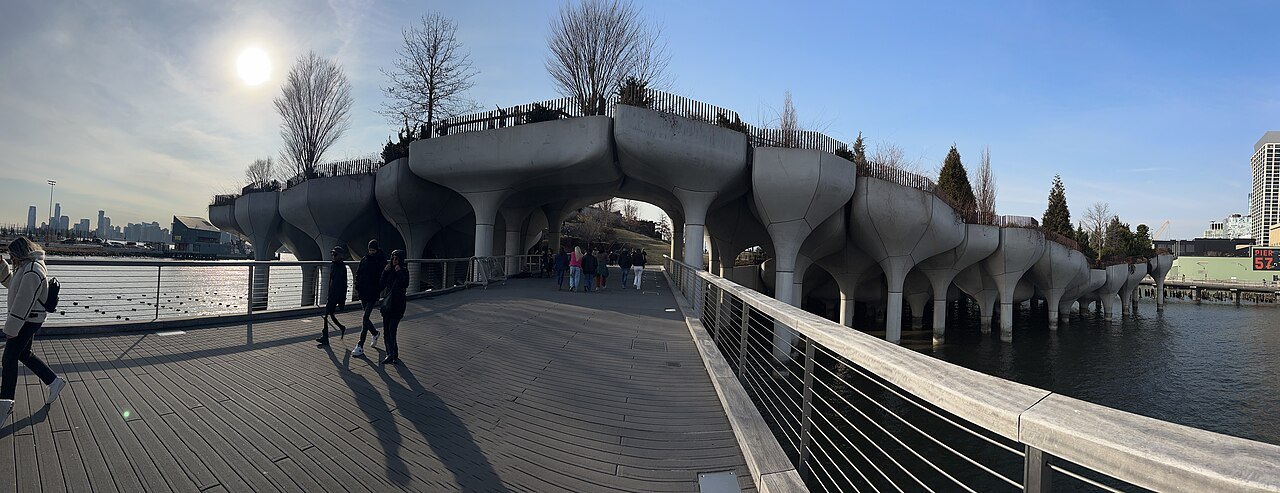Little Island's walkway and planted towers above the Hudson