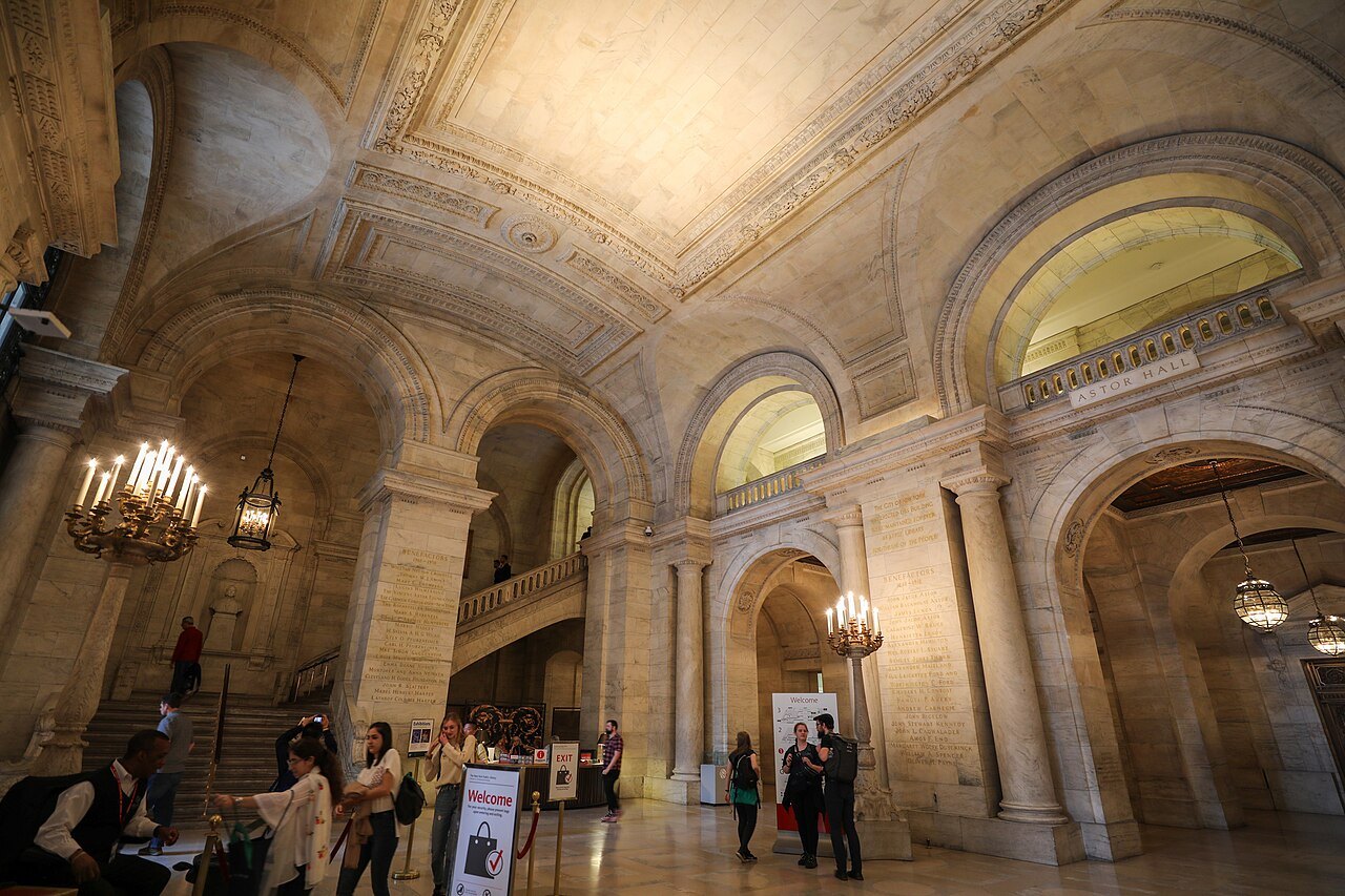 Astor Hall, the library's white marble entrance hall