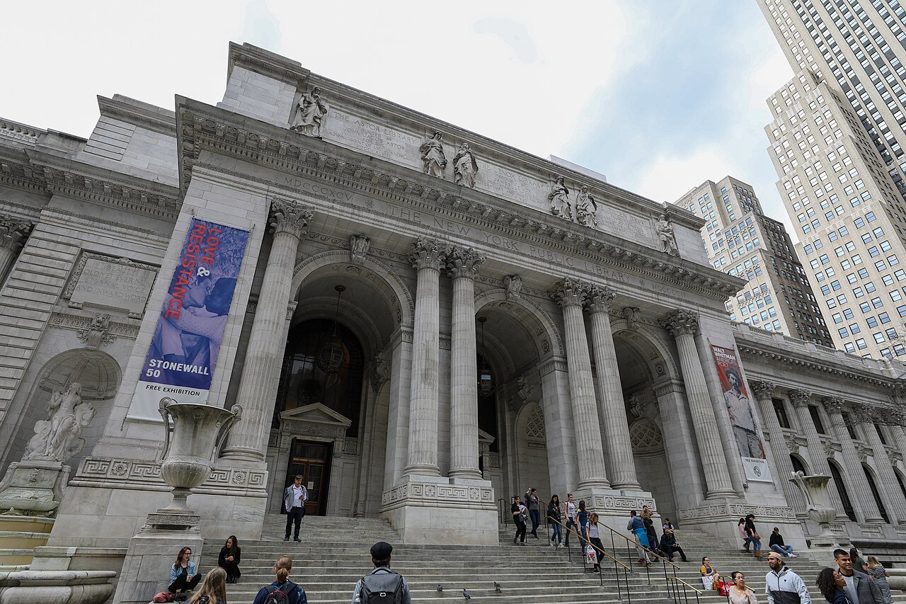 The library's columned entrance with banners between the arches