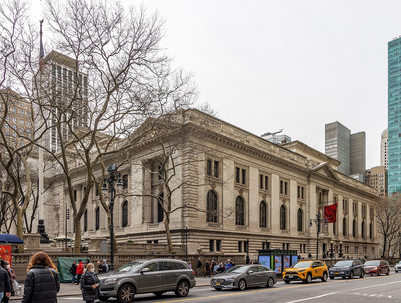 The library's long Fifth Avenue front seen past bare winter trees