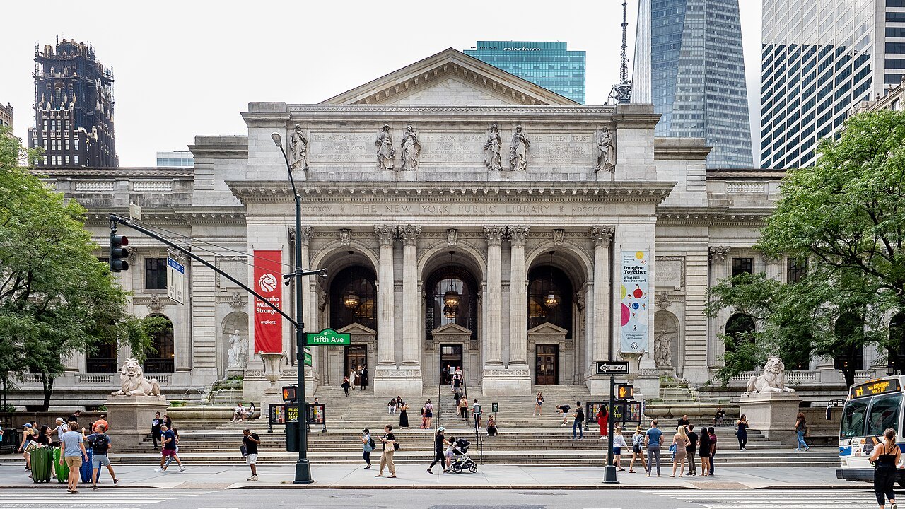 The library's Fifth Avenue front and its lions from across the avenue