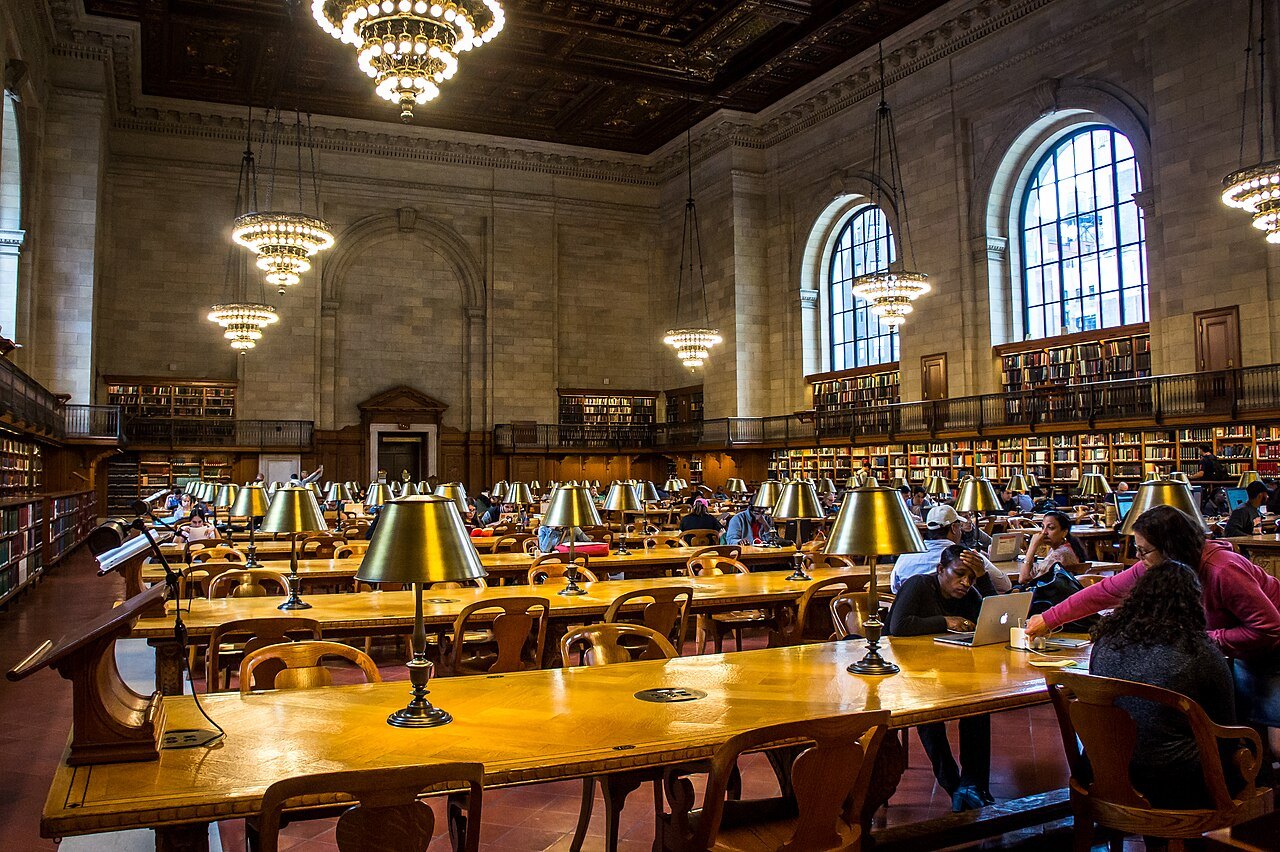 Readers at the long tables of the Rose Main Reading Room