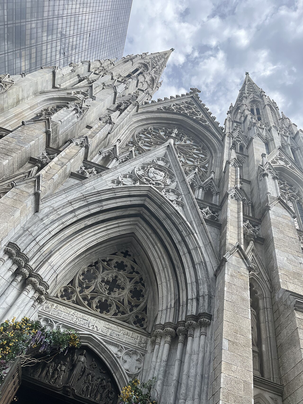 Carved Gothic tracery on the front of St. Patrick's Cathedral