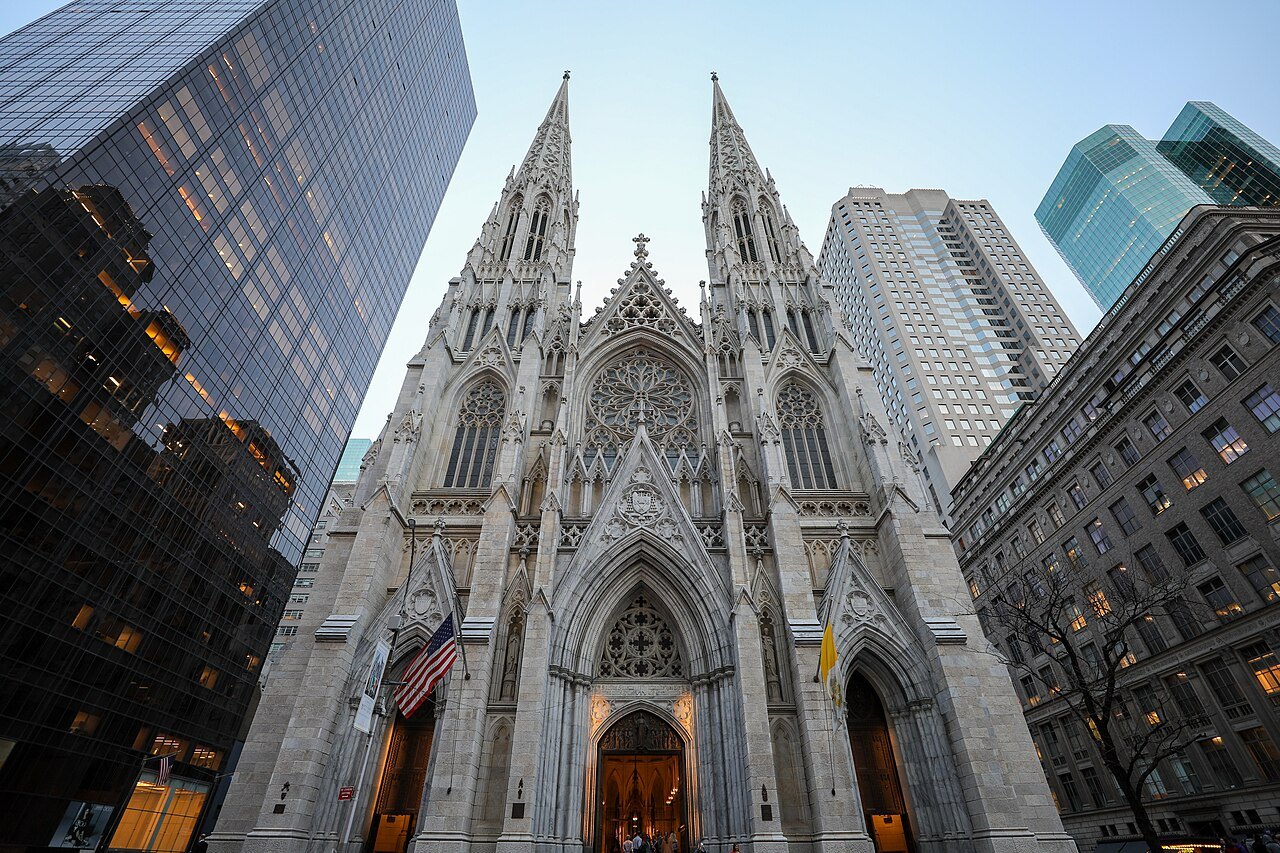 The twin spires of St. Patrick's Cathedral between Midtown towers