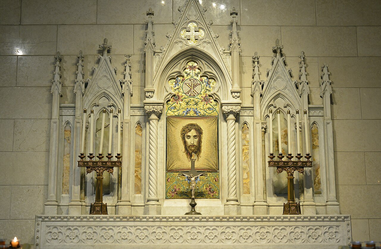 A carved white altar in St. Patrick's Cathedral
