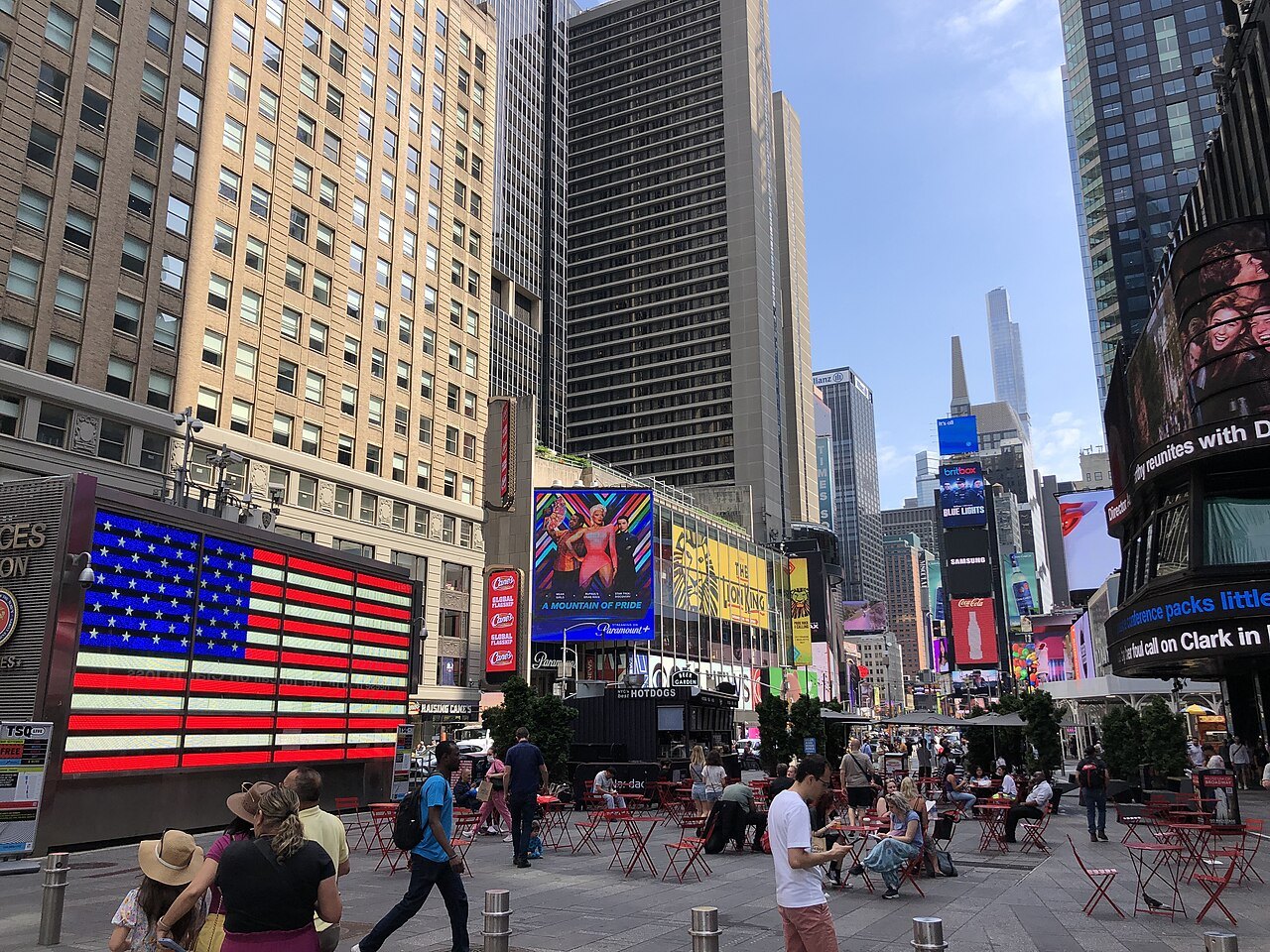 Times Square looking north past the lit-up flag sign