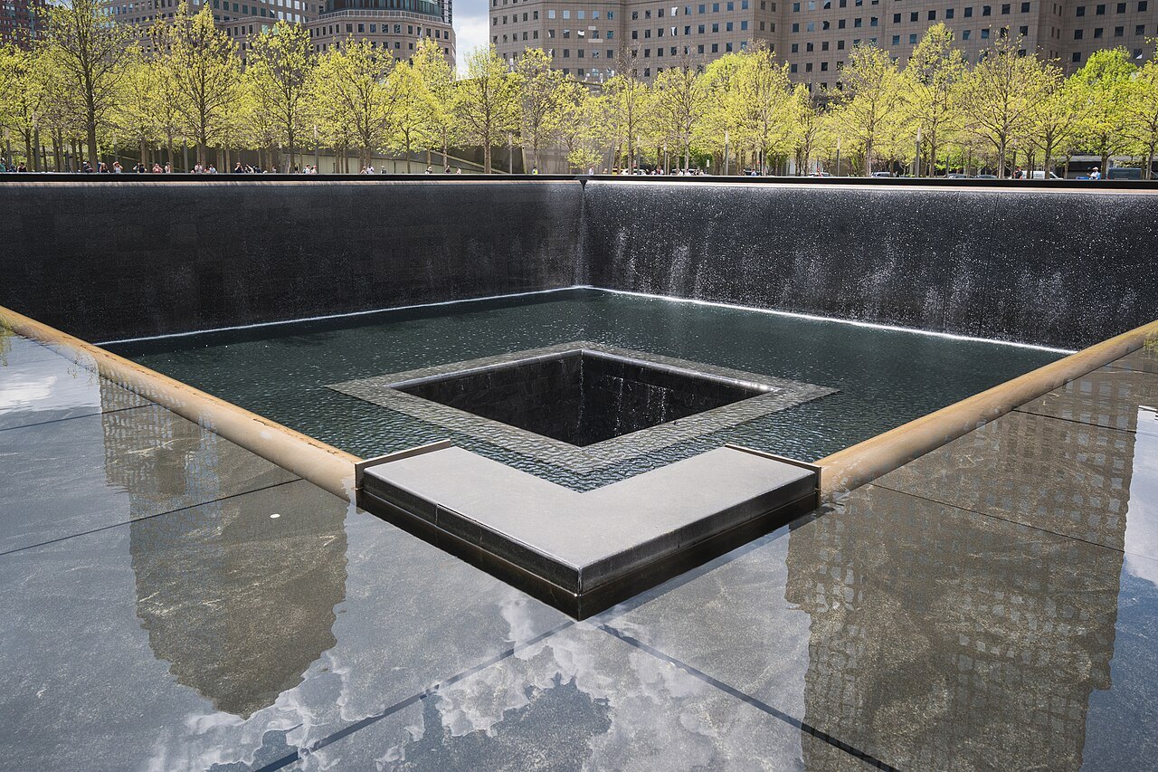 A corner of the north reflecting pool at the 9/11 Memorial
