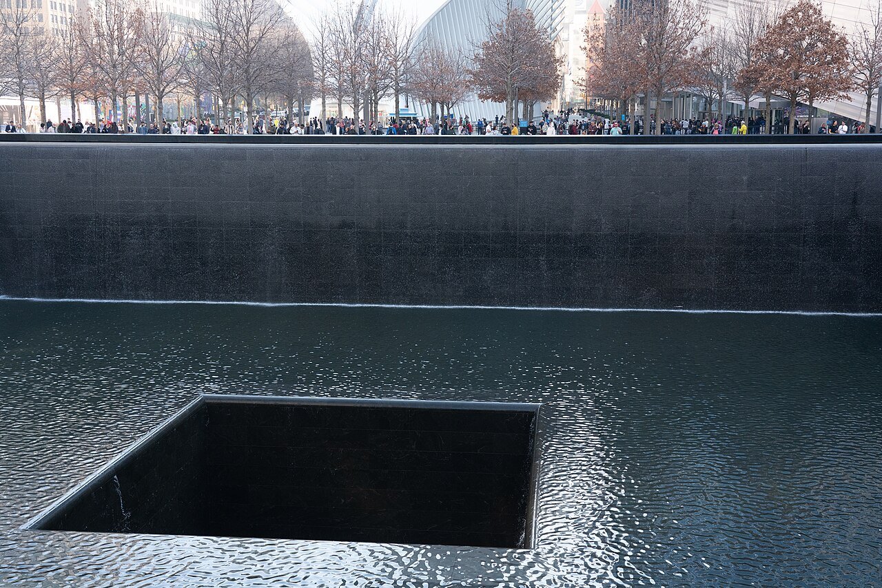 Water falling into the central void of a 9/11 Memorial pool