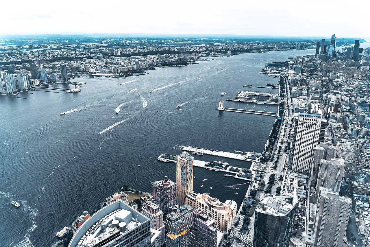 The Hudson and the West Side piers from high above Lower Manhattan